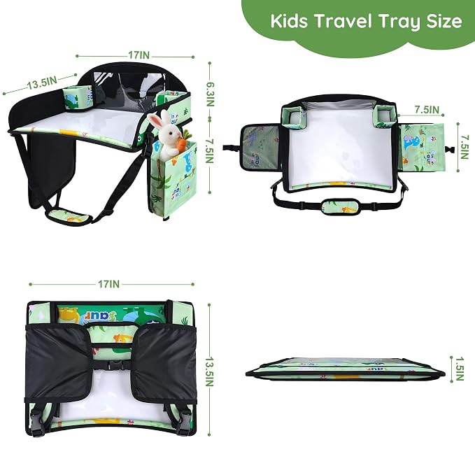Kids Travel Tray, Kids Travel Trays for Car Seat, Road Trip Essentials for Toddler, Carseat Lap Tray with Dry Erase Board & Storage Organizer for Road Trip Activities for Kid, Green