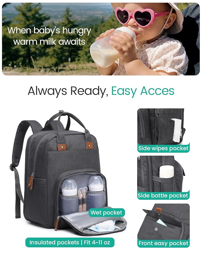 Qualyphant Extra Large Diaper Bag Backpack for Two Kids Twins - Expandable Baby Bag (26-36L), Dual Big Compartments - Includes Changing Pad & Stroller Straps, Unisex Dark Grey