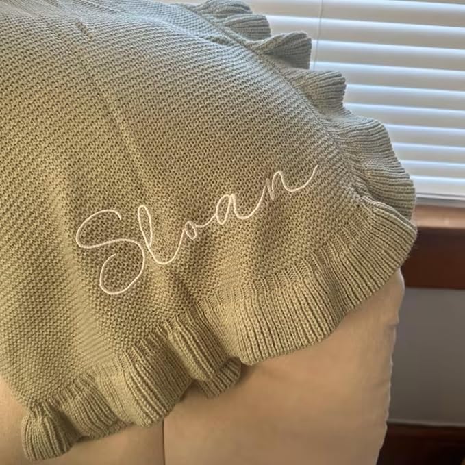 ZXH Personalized Baby Blanket,Soft Cotton Knit Baby Blanket,Embroidered Baby Blanket,Baby Blanket Sage Green,Custom Name Baby Blanket Newborn Gifts for Girl and Boy, GF24316-7