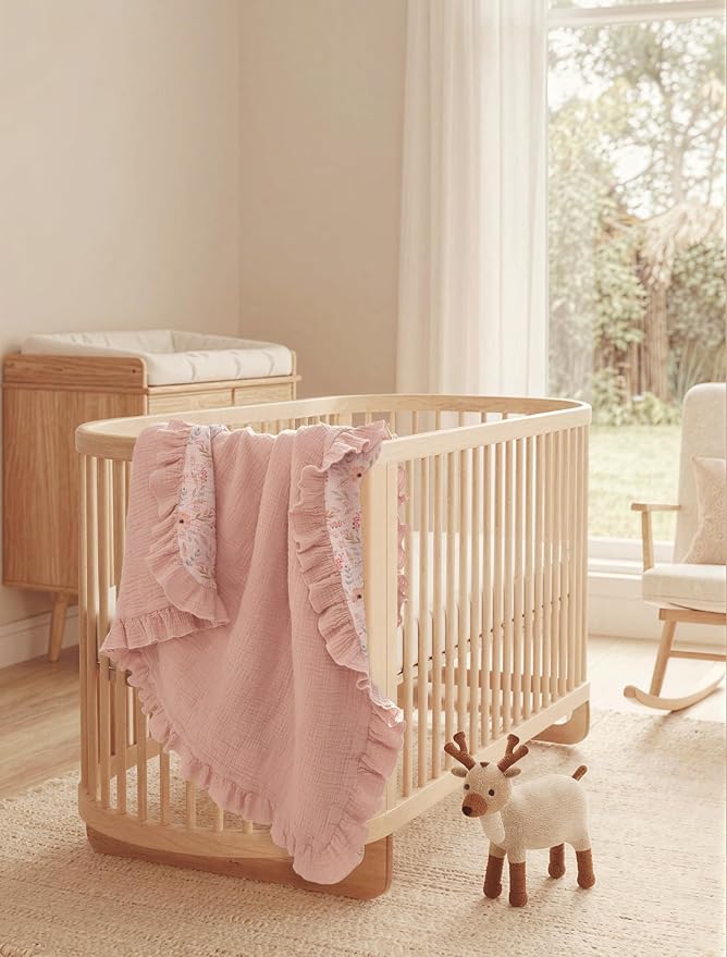 lulumoon Muslin Baby Blanket for Girls: Soft Breathable Cotton Crib Blanket with Ruffle - Floral Print Lightweight Receiving for Wrap Newborn & Nursery Stroller 40"x36"(Pink Flower)