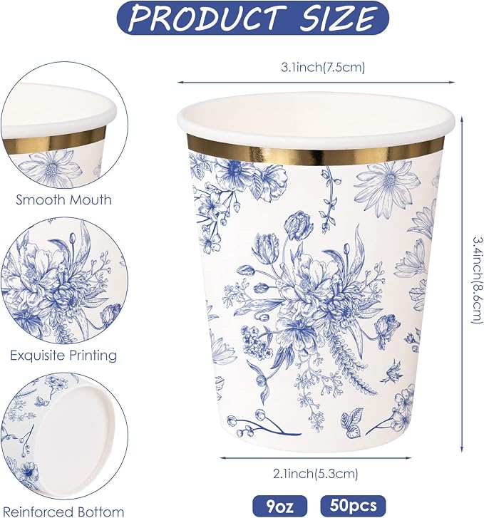 WRAPAHOLIC 50 Pcs Floral Paper Cups - 9 oz Blue Toile Flower Disposable Cup, Coffee Cup, Hot/Cold Beverage Drinking Cups for Water Juice, Perfect for Baby Shower and Birthday Party Supplies