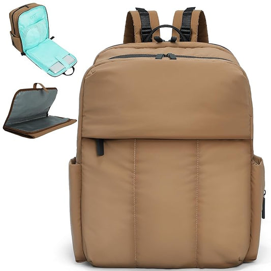 MOMINSIDE Diaper Bag Backpack - Large Puffer Diaper Bag - Neoprene Diaper Bag Quilted Baby Bag, Large Changing Pad, 15 Pockets, Lightweight, Brown
