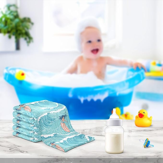 vvfelixl Summer Girl Surfing Baby Burp Cloths Baby Muslin Washcloths for Boys Girls Cotton Babys Face Towel for Newborn Infants Soft and Absorbent 11.8 X 11.8 in, 5 Pack