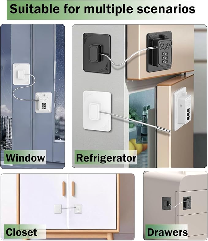 4 Pack Refrigerator Lock Set, Child Proof Cabinet Locks for Refrigerators, Drawers, Closets, Windows (Black+White)