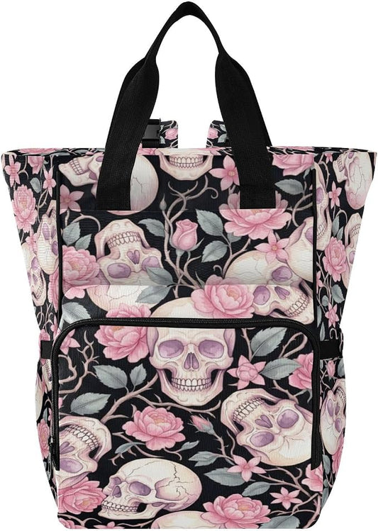 Pink Roses Skull Diaper Bag – Large Capacity Unisex Gift for Mom Dad