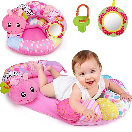 2 in 1 Baby Tummy Time Mat & Support Seated Pillow Infant Newborn Toys 0 1 2 3 4 5 6 Months Pink Caterpillar Sensory Developmental Playmat 0-6 3-6 12 Month Mirror Babies Girls Shower Easter Gifts
