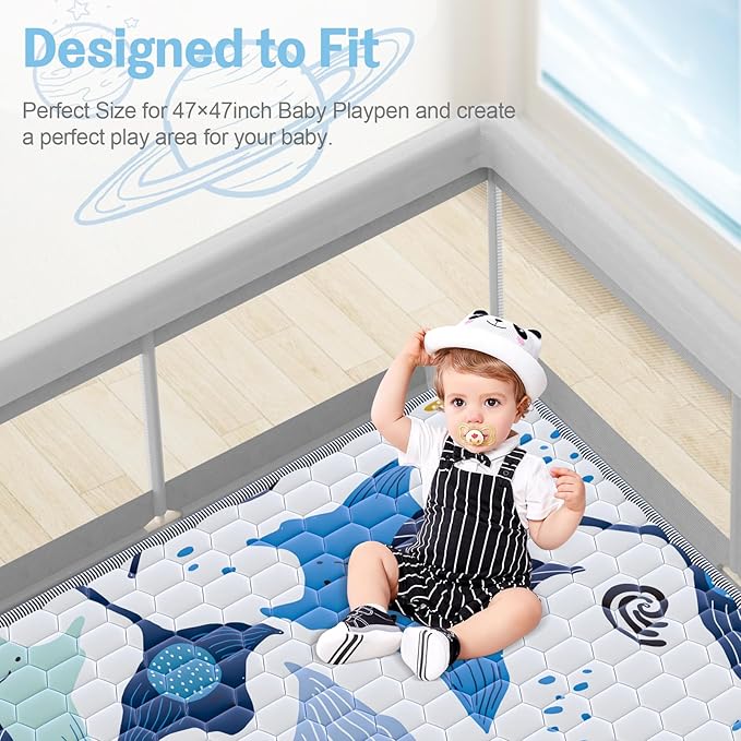 Omzer Baby Play Mat, 47x47 Inch Thick & Soft Playmat for Playpen, Non-Slip Floor Mat for Crawling Infants & Toddlers with Safety Silicone Backing, Machine Washable - Blue