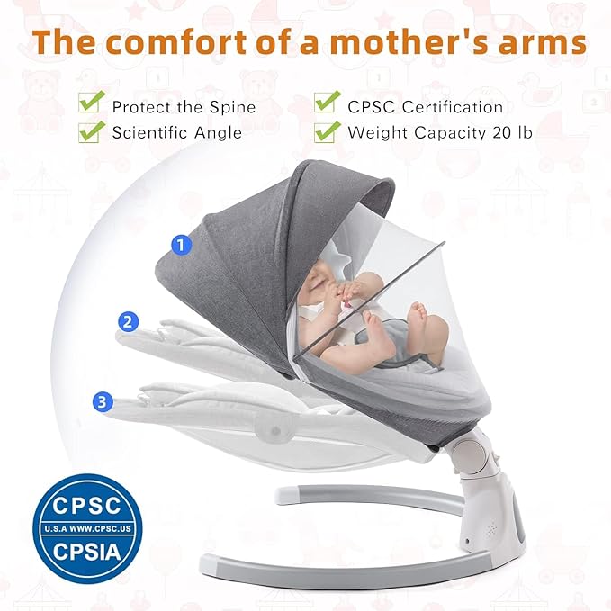 Soobaby Baby Swing for Infants,Electric Swing for Babies,Portable Swing for Baby Boy Girl,Remote Control Indoor Baby Rocker with 5 Sway Speeds,Music and Bluetooth,Light Gray