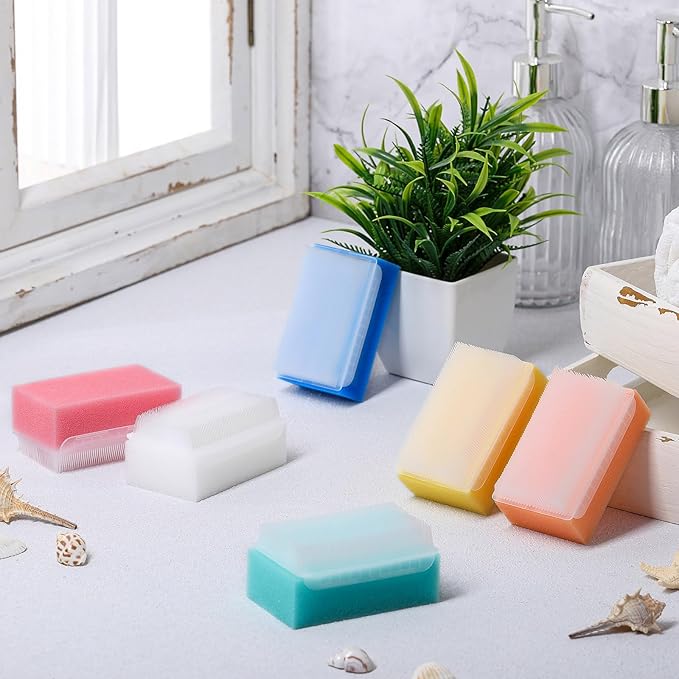 Sunnyray 6 Pack Bath Sponges Soft Foam Scrubber with Cradle Cap Bristle Brush 2 in 1, Cleansing Body, Hair and Scalp Cleansing, Gentle on Baby and Toddler Sensitive Skin, Sterile and Safe