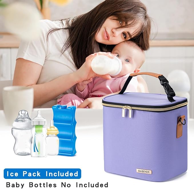 Breastmilk Cooler Bag with Ice Pack Fits 6 Baby Bottles Up to 9 Ounce, Baby Bottle Bag with Shoulder Strap for Nursing Mom Daycare, Violet