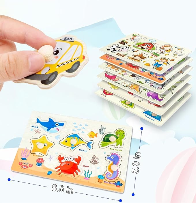 8Pcs Wooden Puzzle for Toddler 1-3, Rectangle Peg Puzzles for Toddler 2-4, Montessori Learning Toys with Animals, Dinosaur, Fruits & More, Preschool Puzzle Set Educational Toys Toddler Gifts