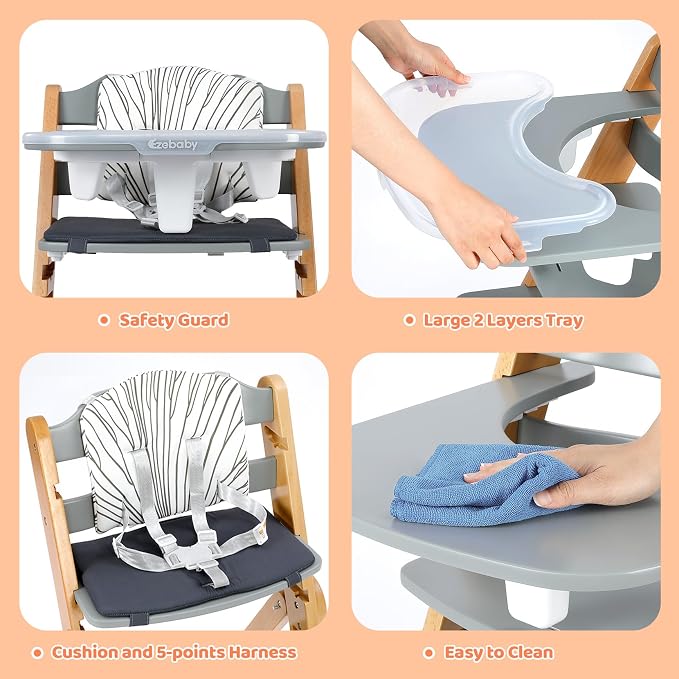 Ezebaby Wooden High Chair Grow with Your Child, Foldable Baby High Chair with Adjustable Seat and Footrest Heights, High Chair for Babies and Toddlers with Cushion and Large Double Layer Tray(Grey)