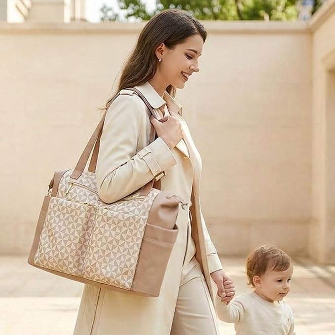 miss fong Checkered Diaper Bag Tote Leather Diaper Bag Backpack Pañaleras Para Bebe with 15 Pockets,Leather Diaper Tote with Diaper Changing Pad, Baby Bag for Moms Mommy Bag for Women -White Checkered