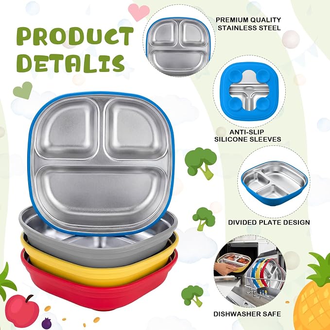 Geiserailie Square Stainless Steel Toddler Plates with Suction – 7.68” Divided Plates with Removable BPA-Free Silicone Sleeves, Unbreakable Baby Feeding Dishes Set of 4(Bright Colors)