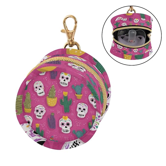 Pacifier Holder with Clip Pacifier Case for Diaper Bag Round Baby Pacifier Pouch Box Bag Portable Pink Skulls Green Cactus