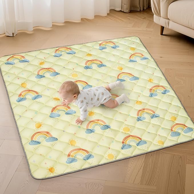 47"x47" Baby Playpen Mat - Thicken & Foldable Memory Foam Cushioned Playmat for Babies Toddlers Infants - Non-Slip & Machine Washable Baby Play Mat for Floor, Rainbow