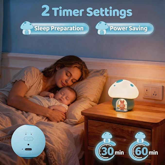 Kids Night Light, Mushroom Bunny Silicone Nursery Lamp, Tap Control 3-Level Dimmable, 30/60Min Timer, 1200mAh Rechargeable Cordless LED Bedside Sleep Light for Toddler Baby Bedroom (Blue)