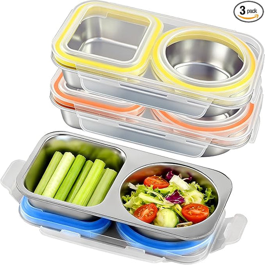 3 Pack Stainless Steel Snack Containers with Lid, Reusable 2 Compartment Snack Containers Leakproof Food Storage Container for Home, Travel, Picnic, Outdoors