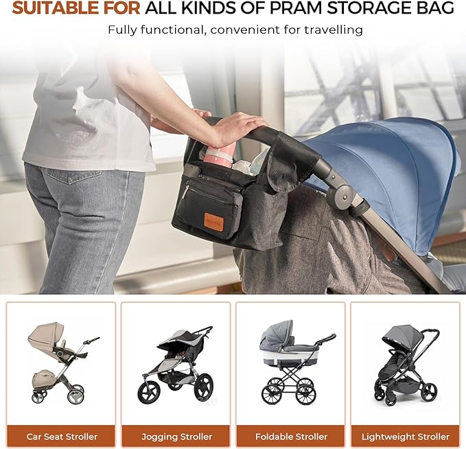 Universal Stroller Organizer with Insulated Cup Holder and Removable Wrist Strap Large Capacity Stroller Organizer for Mom, Baby Joggers, Uppaby, Britax, BOB, Umbrella and Pet Stroller (Black)
