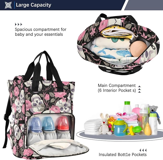 Geometric Skull Rose Diaper Bag – Large Capacity, Gift for Mom Dad