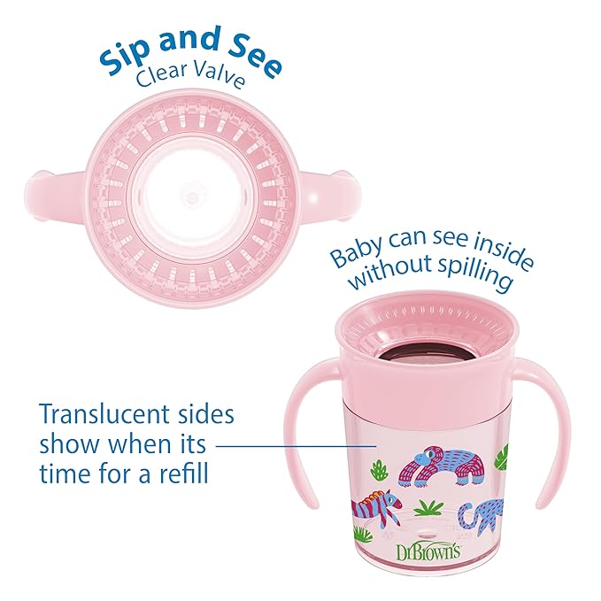 Dr. Brown's Milestones Cheers 360 Spoutless Transition Cup with Handles, Travel Friendly and Leak Free Sippy for Babies and Toddlers, Pink Animals, BPA-Free, 7 oz/200 mL, 6m+, 1-Pack