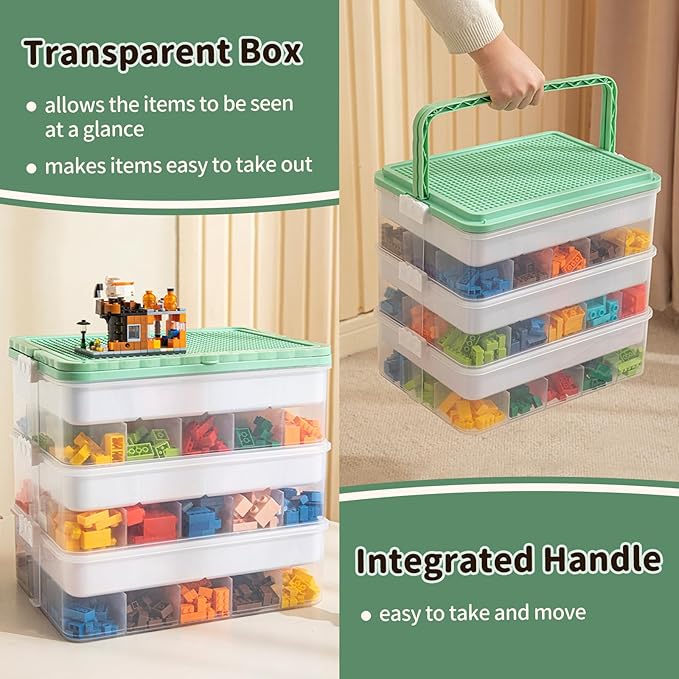 joyingbaby Toys Storage Organizer Bins for Lego Stackable Toys Organizer Lego Building Block Storage (Green, 3 layers)