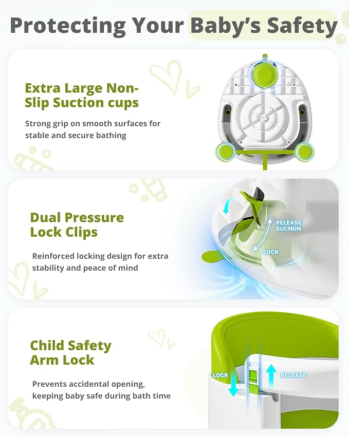 ONTHEWEI Baby Bath Seats for Babies Sitting Up, Non-Slip Baby Bathtub with 3 Suction Cups, Safe & Comfortable Toddler Bath Seat Ideal for Baby Bath/Shower Support, Stable Design, Ice Green
