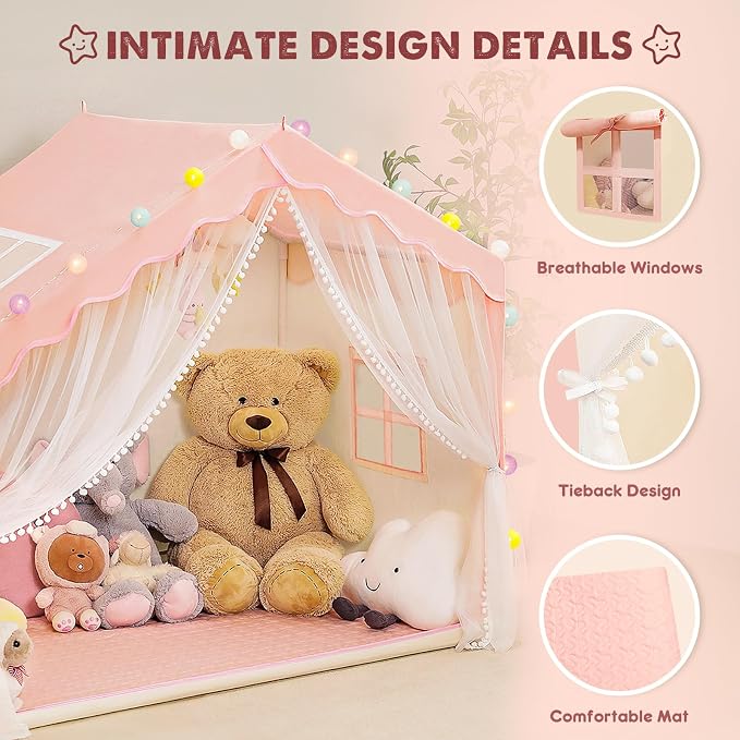 Kids Tent Indoor with Mat and Ball Lights - Play Tent for Kids Ages 4-8, Toddler Playhouse for Girls, 57" x 35" x 47" (Pink)