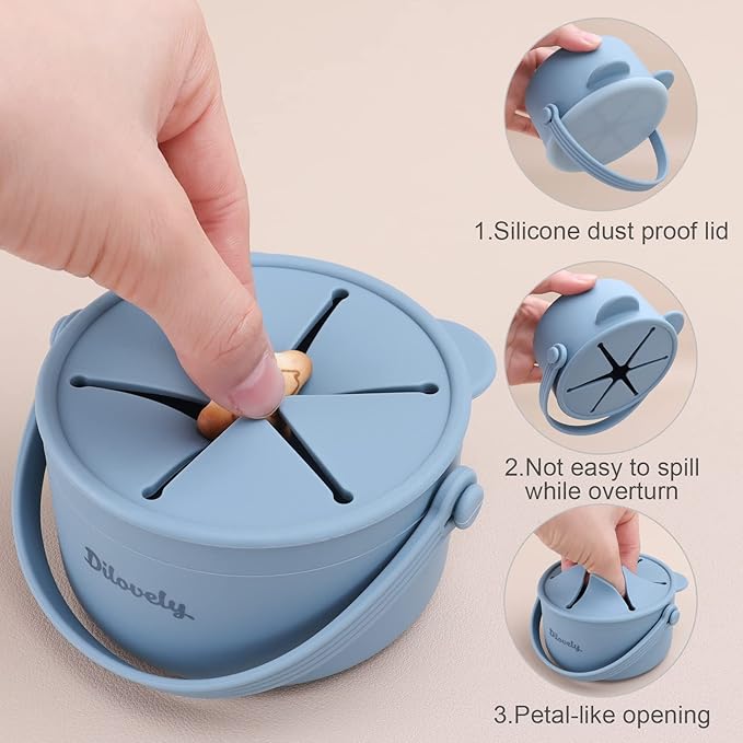 Snack Cups for Toddlers, Baby Snack Containers, Silicone Toddler Snack Cups No Spill, Food Catcher with Lid & Bucket-like Handle, BPA Free & Dishwasher Safe, 9 Ounce Smoke Blue