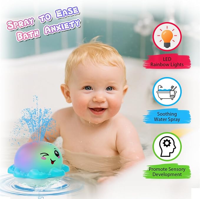 Light Up Bath Toy Sprinkler for Babies, Rechargeable Bathtub Pool Water Toys Baby Gifts for Toddlers, Shower Essentials (Blue Octopu)