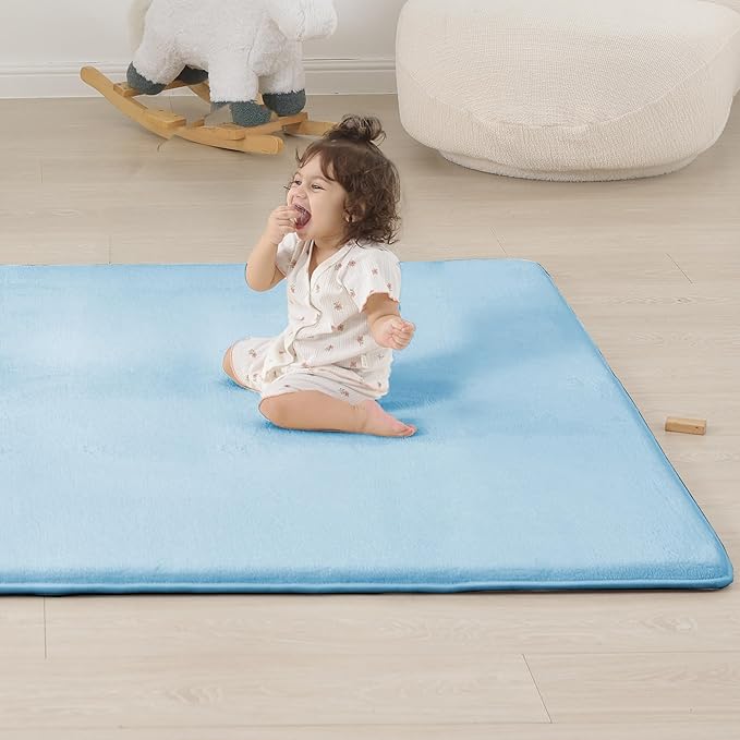 1.3" Thick Baby Floor Play Mat 50x50, Basic Padded Foam Mat for Tummy Time Crawling, Non Slip Cushioned for Babies Toddlers Infants Kids (Ice Blue)