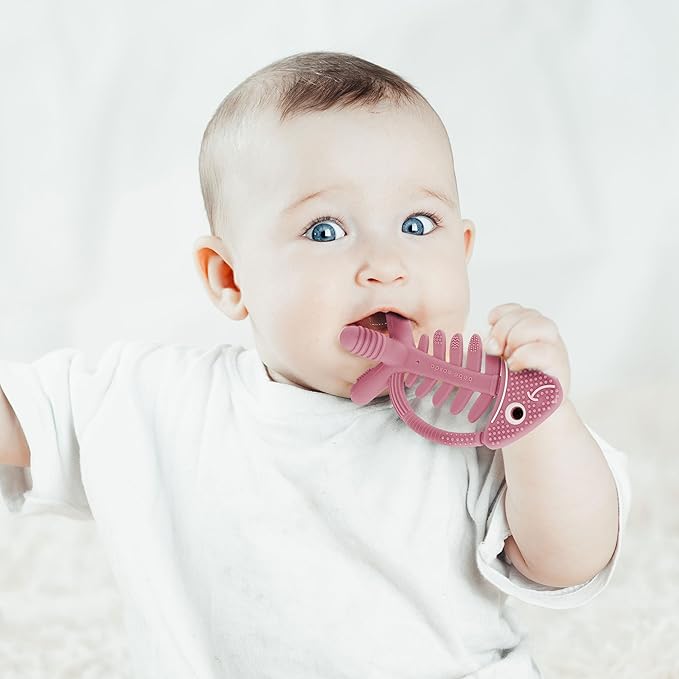 3 in 1 Infant Toys, Baby Teething Toys 3?? 6??2 Months, Teethers for Babies 0??????2 Months for Teething Relief, Baby Gift, Baby Teether Toys, Silicone Sensory Toys, USA Patent Pending, Fish (Pink)
