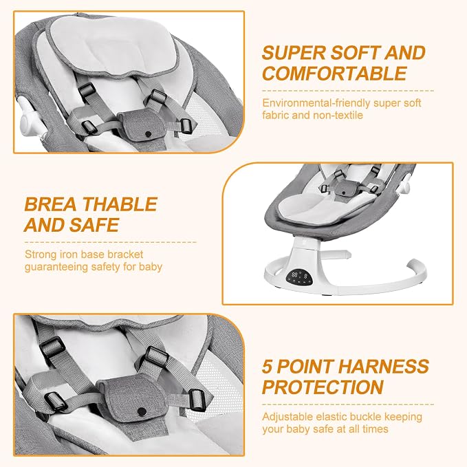 Baby Swing for Newborn to Toddler, 5 Speed Portable Infant Swing with Smart Touch Control, Remote Control, 10 Lullabies, Timer, 5 Point Harness and Soft Fabric (Grey)