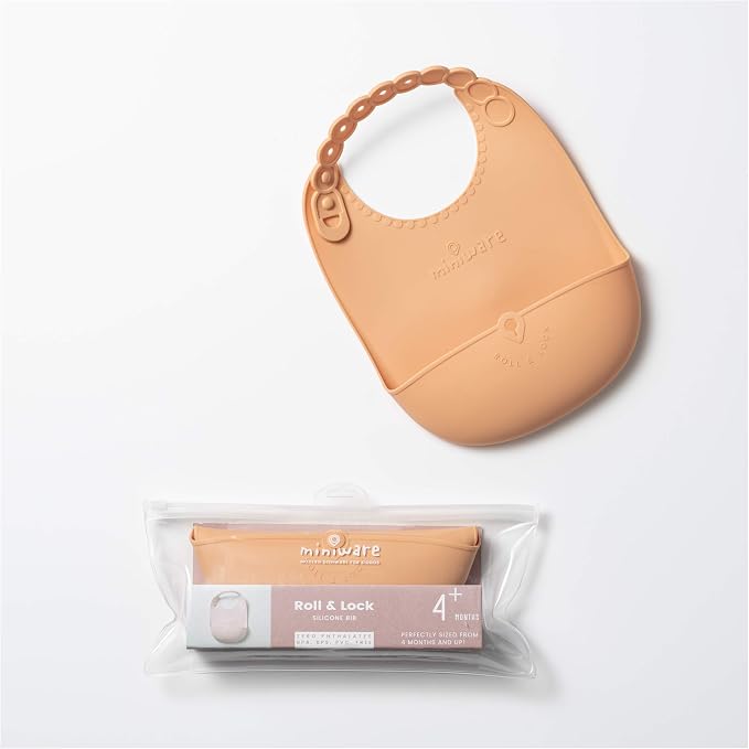 Miniware Roll & Lock Silicone Baby Bib, Easy Mealtime Cleanup - Food-Grade Adjustable Neck Strap and Food Catcher