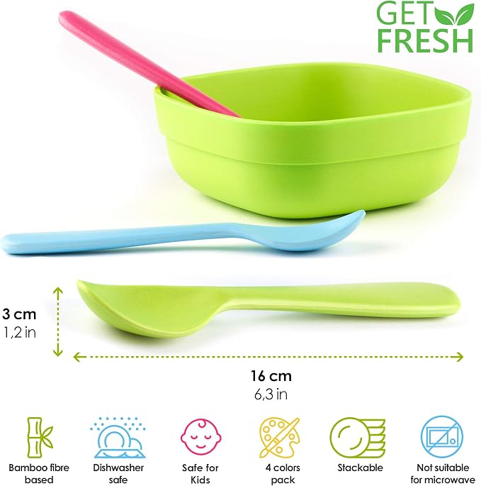 GET FRESH Bamboo Kids Spoons Set – 4-pack Reusable Bamboo Fiber Kids Spoons for Everyday Use – Large Bamboo Kids Cutlery for Daily Mealtime – Colorful Bamboo Utensils for Toddlers and School Children