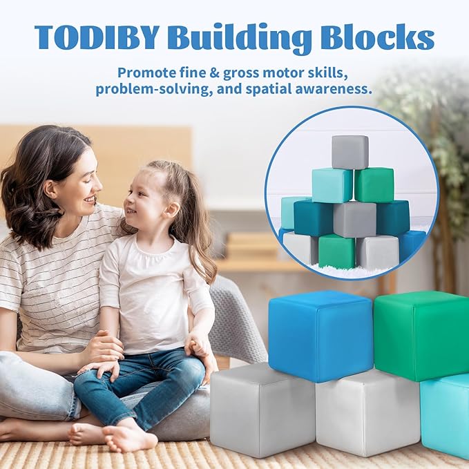 TODIBY Foam Building Blocks for Toddlers：12-Pieces Wipeable Leather Stacking Cubes Kids - Large Soft Toys Play Set for Learning Construction Baby Preschool Daycare Therapy Birthday Gift (Modern)