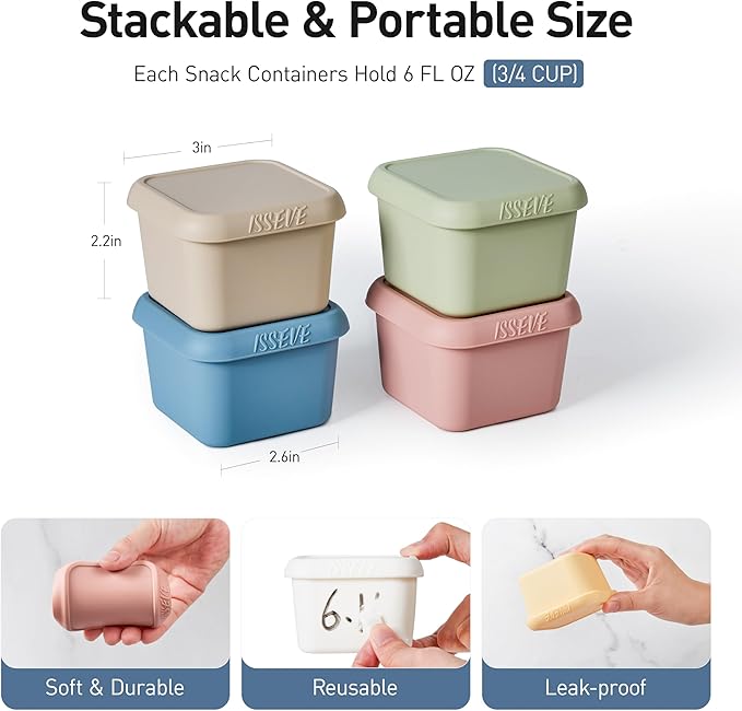 ISSEVE 4pack 6oz Silicone Snack Containers for Kids, Reusable Small Containers with Lids, Leak Proof Food Storage Containers, Children Kids Lunch Box for Daycare, School, Travel (Morandi color)