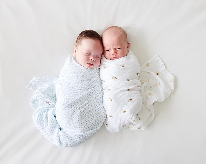 Lulujo Baby Swaddle Blankets | Unisex Softest Breathable Cotton Muslin Swaddle Blanket Set | Neutral Receiving Blanket for Girls & Boys | 40in x 40in | Bees & Dots | 2-Count