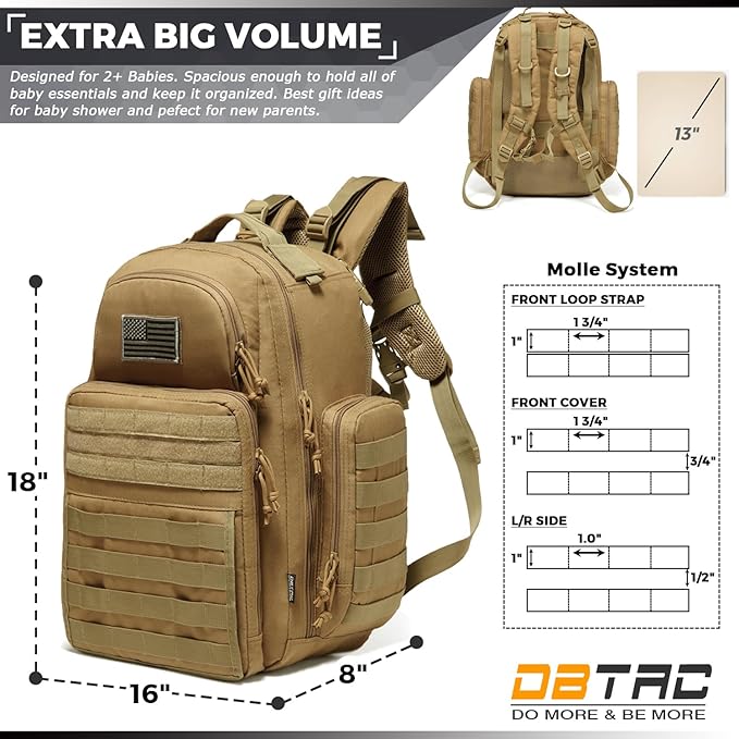 Diaper Bag Backpack for Dad, DBTAC Large Baby Nappy Bag for Men w/Changing Mat, Insulated+Wipe Pockets, Stroller Straps, Brown