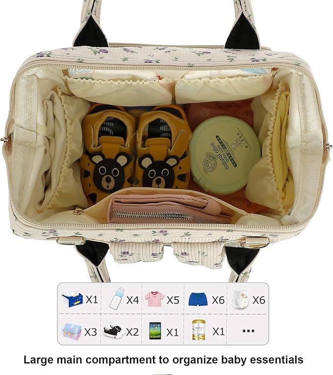 Corduroy Diaper Bag Backpack for Baby Girls Boys, Women Large Nappy Bags for Mom (Beige Corduroy Floral Purple)