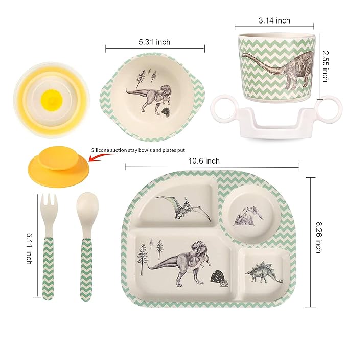 shopwithgreen 7Pcs/Set Bamboo Kids Dinnerware Set - Children Dishes - Food Plate Bowl Cup Spoon Fork Set Dishware, Cartoon Tableware, Dishwasher Safe Kids Healthy Mealtime, BPA Free