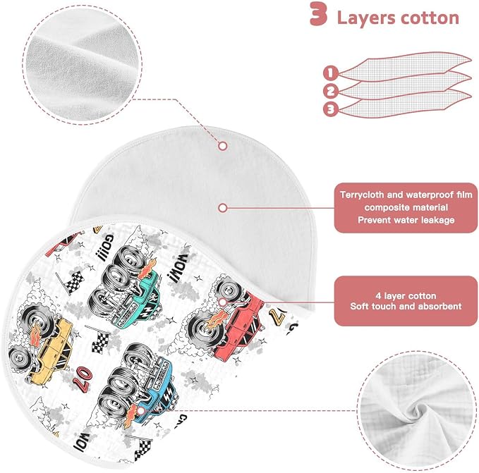 Muslin Burp Cloths for Baby Boys and Girls - 2-Pack Ultra Absorbent Monster Trucks Muslin Washcloths, Newborn Towel, Milk Spit Up Rags, Burp Cloth Bibs for Unisex, 22 x 11 Inch