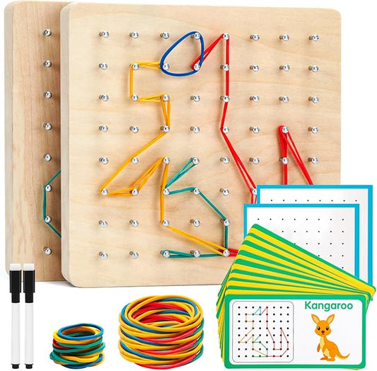 2Pack Wooden geoboards with Rubber Bands Montessori Toys, Mathematical Education Toy for Kids with Pattern Cards and geo Boards to Figures and Shapes, Brain Teaser STEM Toys for Classroom.
