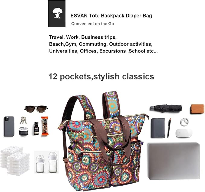 ESVAN Diaper Tote Bag Totepack Backpack 2 in 1 for Women Multifunctional Large Capacity with Insulated Pockets Travel | Multifunctional