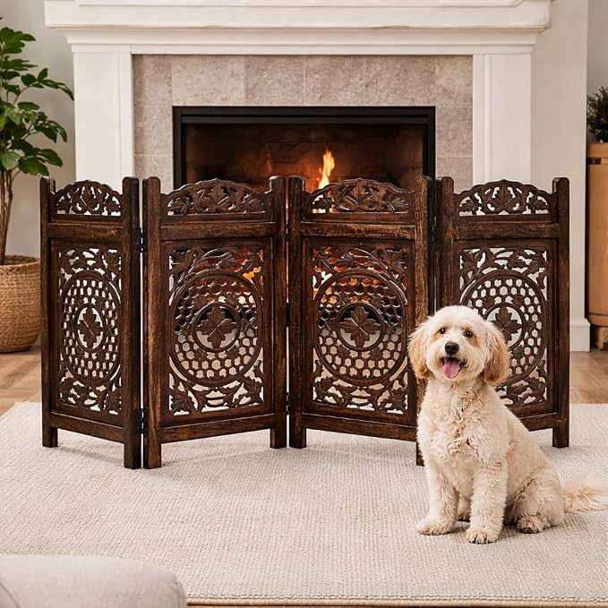 Pet Gate Indoor Foldable in Raise Wood-4 Panel Dog Safety Gate, 56" W x 28" H, Hand-Carved Solid Wood & MDF,Free Standing Portable Indoor Gate for Doorways,Halls, Stairs-Fully Assembled,Burnt
