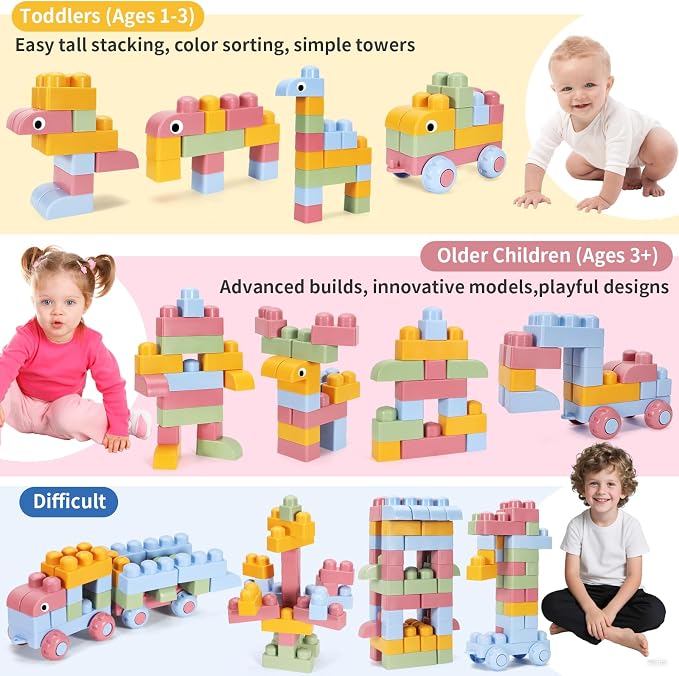 Mega Blocks for Toddlers 1-3 Big Soft Building Blocks 100 Pcs Large Construction Stacking Block Toys Toddler Building Sets Improve Imagination Creativity Hands-on Ability