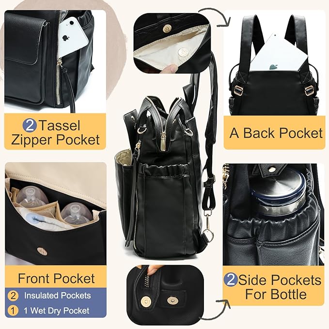 Miss Fong Leather Diaper Backpack - Baby Diaper Bag with 13 Pockets, Changing Pad, Stroller Straps, 4 Insulated Pockets (Black)