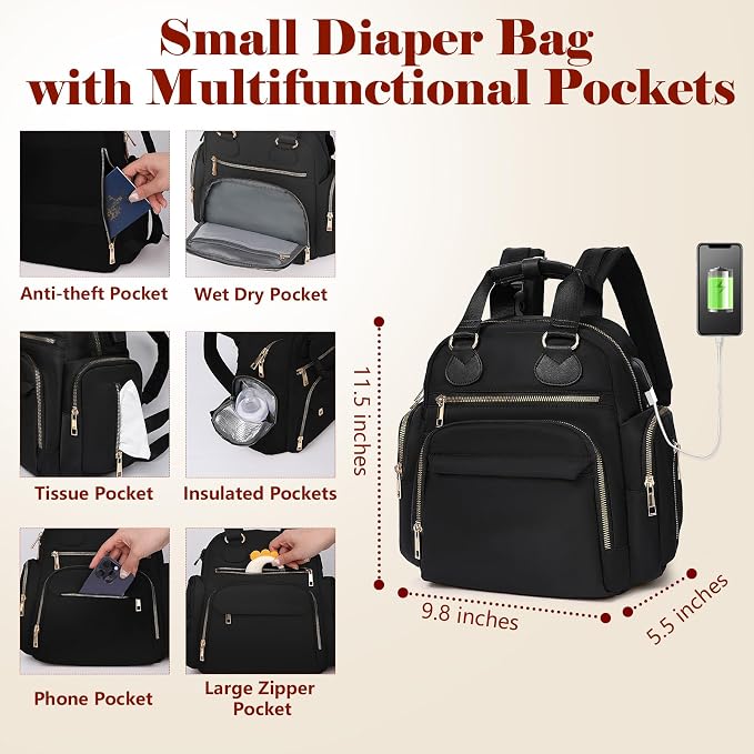 Diaper Bag Backpack Travel Baby Bag with Changing Pad,13 Pockets, Insulated Pockets,USB Charging Port,Baby Shower Essentials,Black