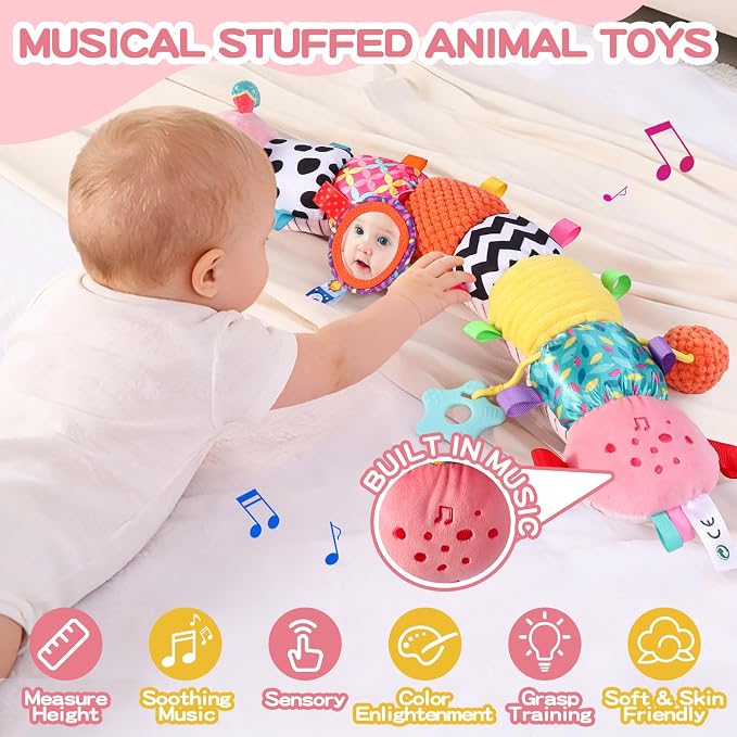 Baby Toys 0-6 Months, Musical Toys for Pink Caterpillar, Infant Stuffed Animal Soft Sensory Toys with Crinkle、 Rattles and Textures, Tummy Time Toys for Newborn Boys Girls 0 3 6 12 Months