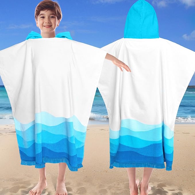 VOOVA & MOVAS Hooded Bath Towel for Boys| Girl | Teens (8-16Years), 100% Cotton Thick Poncho Towel Robe for Big Kids, Perfect for Pool, Beach,Bathroom,Waves Tassels